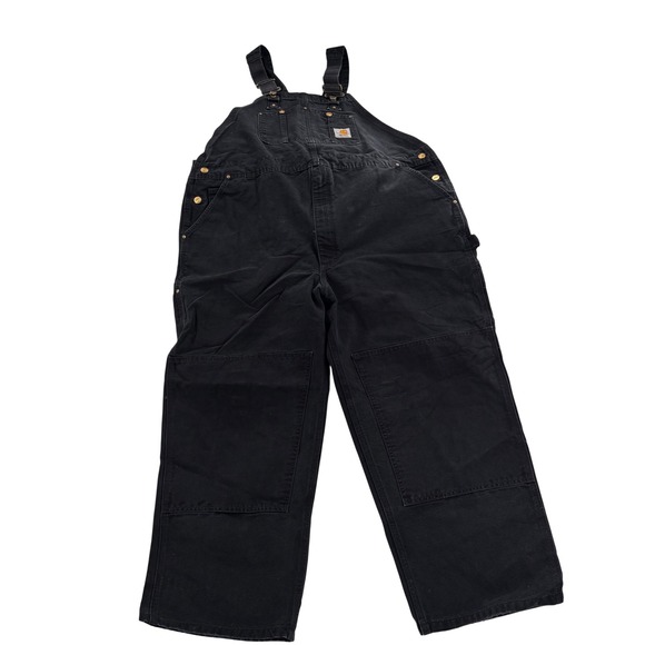 Carhartt R01 BLK Black Duck Bib Overalls Mens 46x30 Double Knee Workwear Pants - Picture 2 of 9